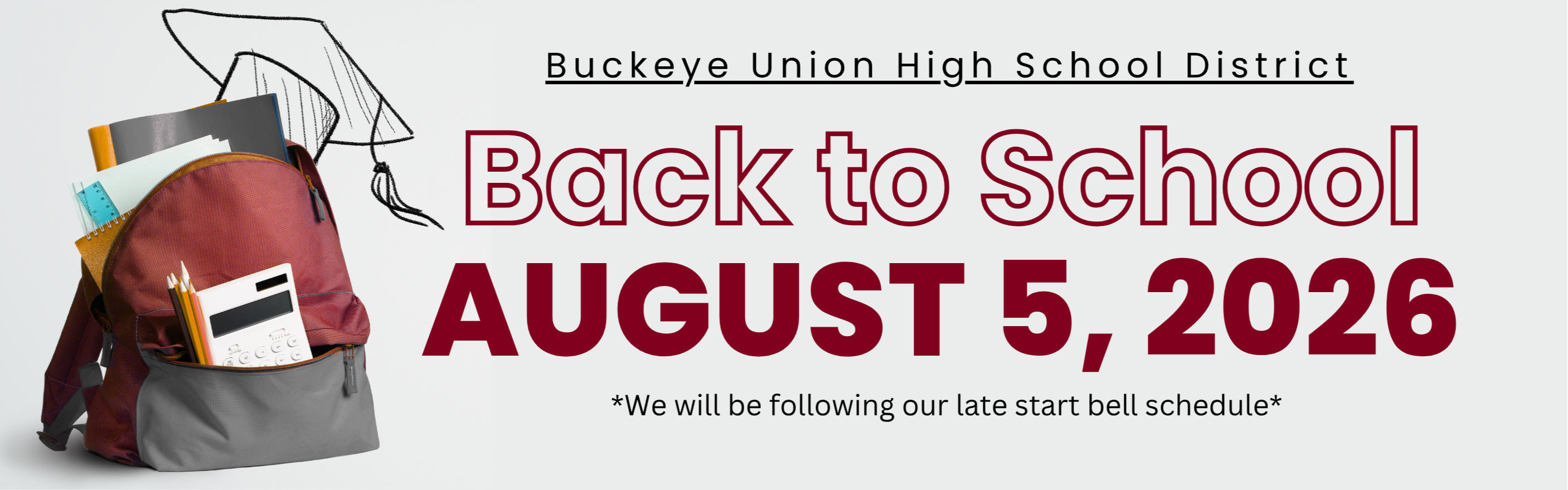 Back-to-school announcement for August 5, 2026, featuring a backpack, cap, books, and papers. Background is white.