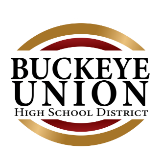 The Buckeye Union High School District logo features "Buckeye Union" in bold black, centered above "HIGH SCHOOL DISTRICT" in smaller black text.