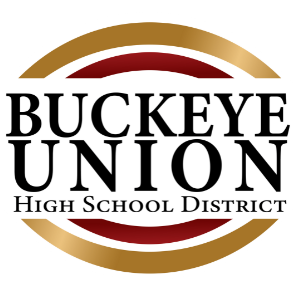 The Buckeye Union High School District logo features a gold circle with a red interior, a gold border, and a gold-shaded black outline.