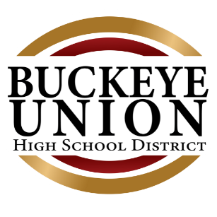 Logo for Buckeye Union High School District, featuring text in black, gold, and red, with a red, white, and gold border.