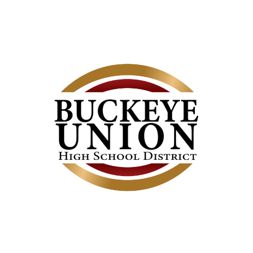 The logo features "BUCKEYE UNION" in bold black, with "HIGH SCHOOL DISTRICT" below it in smaller font. Gold and red shapes frame the text.