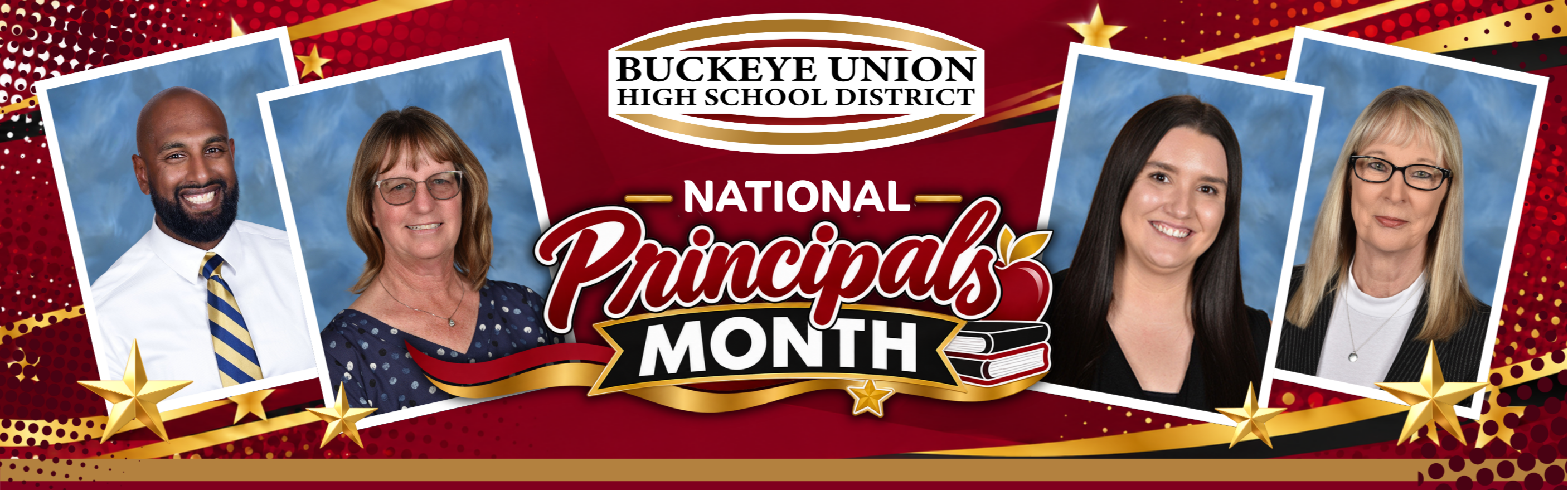 Four adults on a red background, text reads "National Principals Month". Text above reads "Buckeye Union High School District".