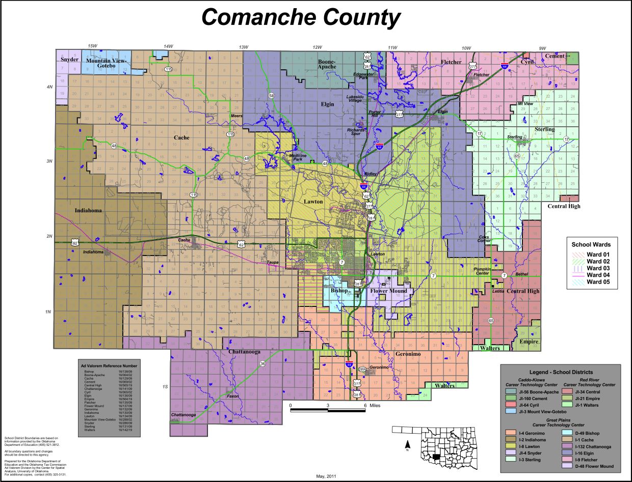 A detailed map of Comanche County, showing various regions, roads, and landmarks, with color-coded areas for different jurisdictions.