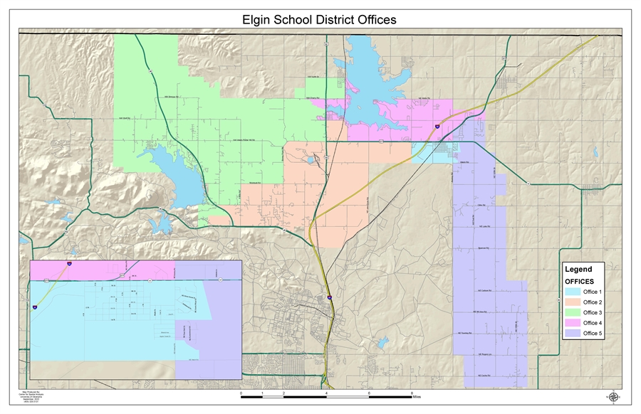 A map showing the boundaries and locations of the Elgin School District Offices, with different colored areas representing various districts and features.