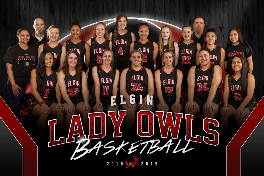 A group photo of the Elgin Lady Owls basketball team, featuring players and coaches in black and red uniforms, posed together in front of a dark background with the team's name displayed prominently.