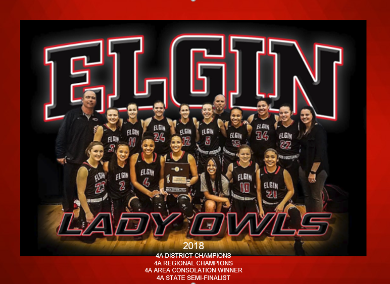 A group photo of the Elgin Lady Owls basketball team, showcasing players and coaches with a backdrop highlighting their achievements in 2018.