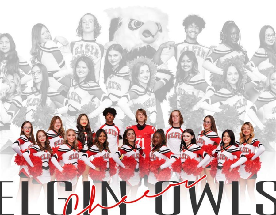 A cheerleading team poses in their uniforms, with a large banner displaying 'ELGIN OWLS' in bold letters, and a ghosted image of the team in the background.