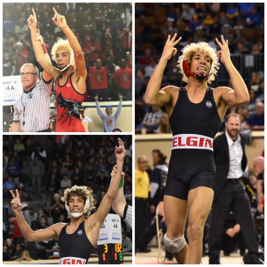 A collage of three images featuring a young male wrestler celebrating victories, wearing a black wrestling singlet with 'ELGIN' written on it, showcasing different poses of triumph in a wrestling arena.