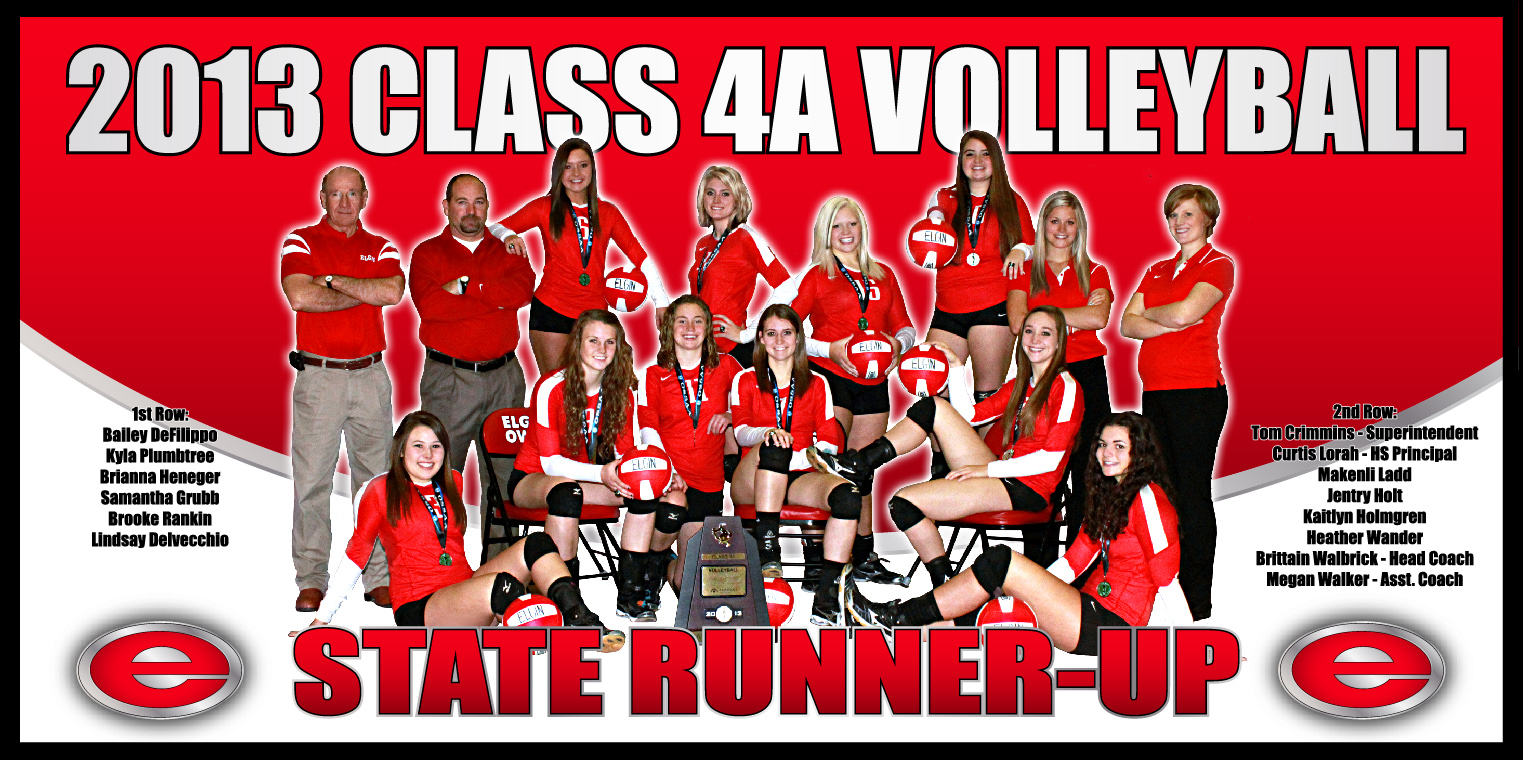 A volleyball team poses for a group photo, wearing red uniforms, with the text '2013 CLASS 4A VOLLEYBALL STATE RUNNER-UP' prominently displayed above them.