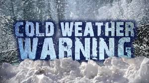 A graphic displaying the text 'COLD WEATHER WARNING' in large, icy letters, set against a snowy background.