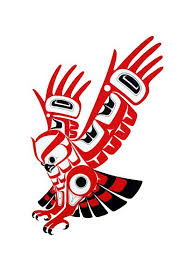 A stylized illustration of a bird in flight, featuring bold red, black, and white colors with intricate patterns and designs.