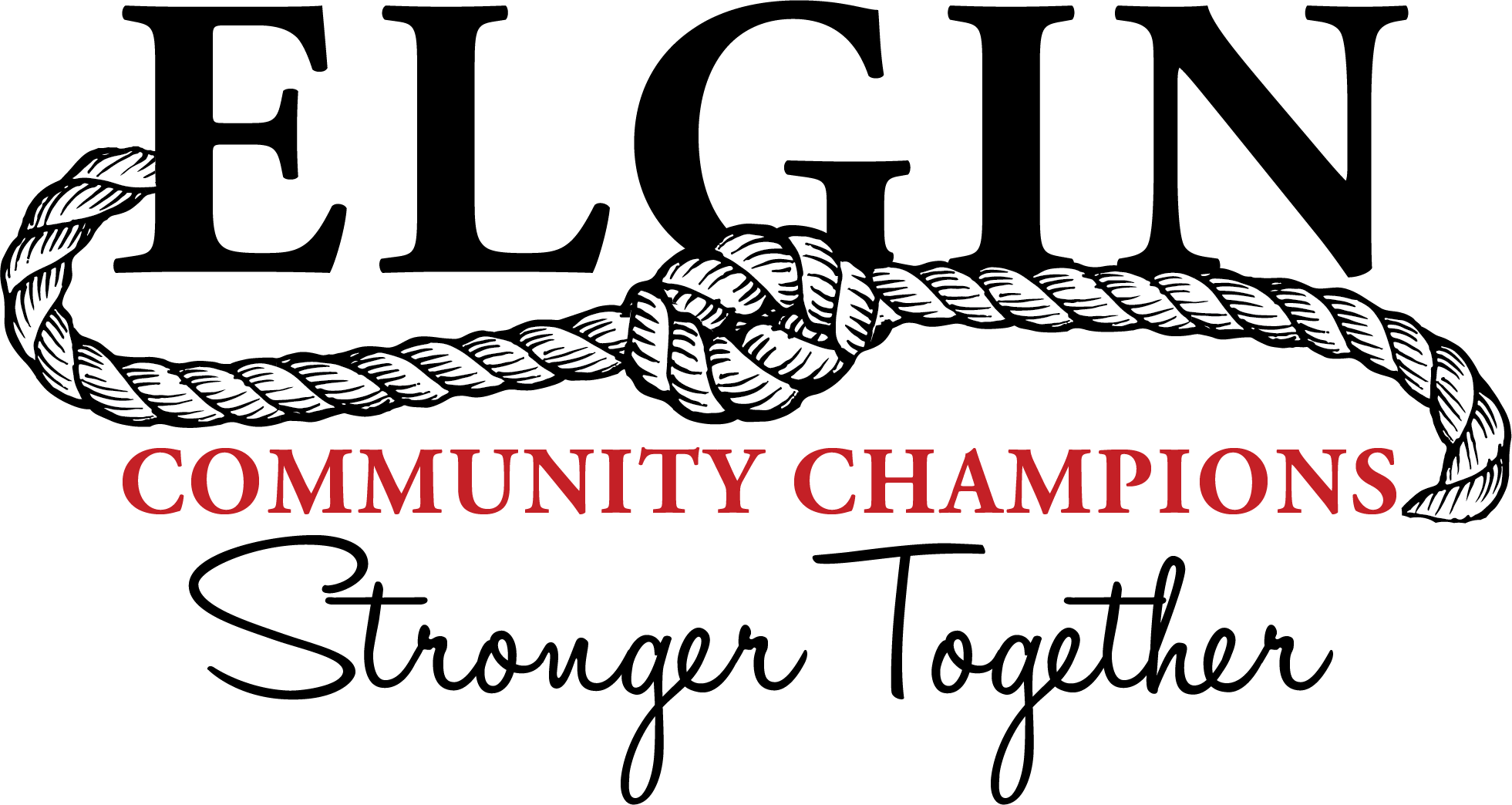 A graphic featuring a knotted rope with the text 'COMMUNITY CHAMPIONS' in bold red letters against a black background.