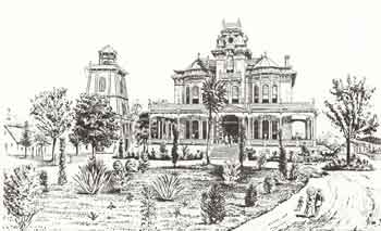A detailed drawing of a large house featuring an elegant clock tower, showcasing architectural beauty and charm.