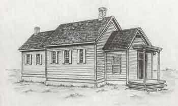 A detailed pencil drawing depicting a quaint small house surrounded by trees and a clear sky.