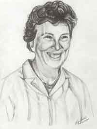 A drawing of a woman smiling, wearing a white shirt, exuding warmth and positivity.