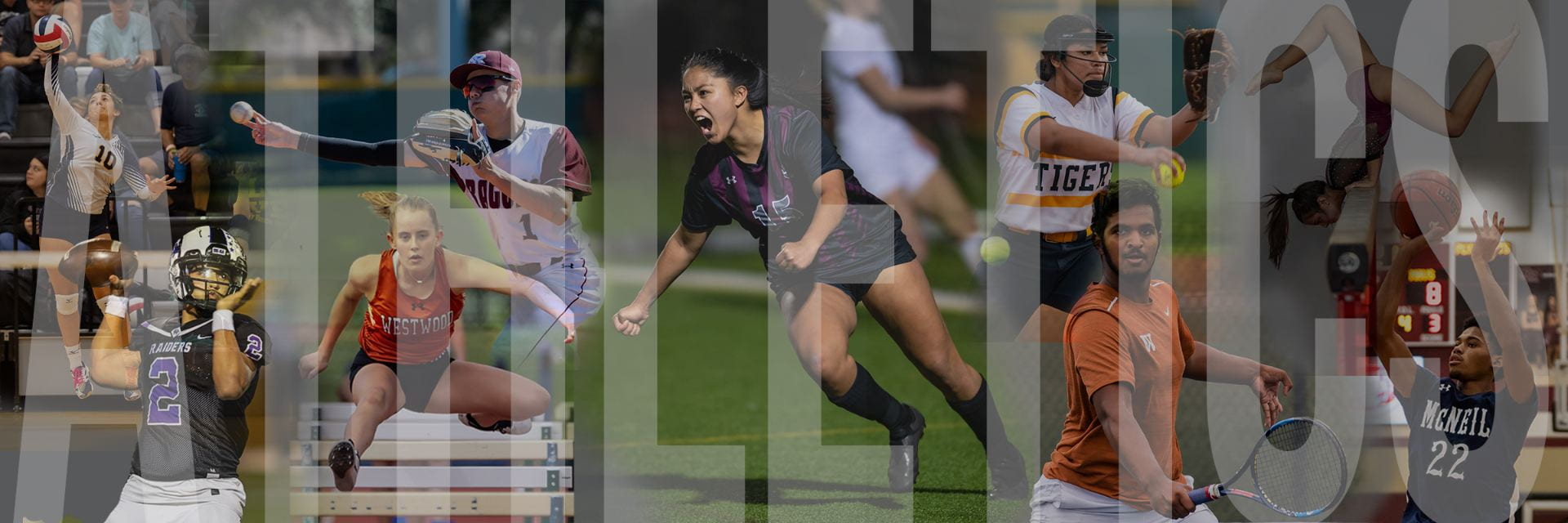 A collage of various athletes in action, showcasing different sports, with the word 'ATHLETICS' prominently displayed in the background.
