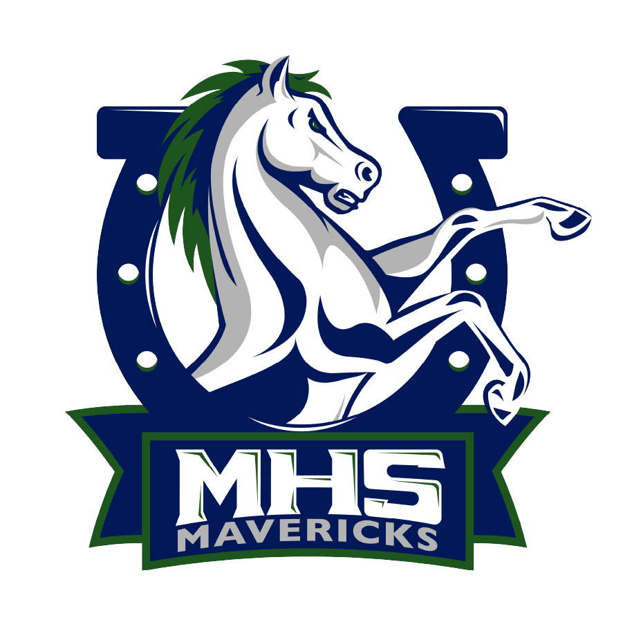 A stylized logo featuring a rearing white horse in front of a blue horseshoe, with the text 'MHS MAVERICKS' in bold white letters on a blue banner below.