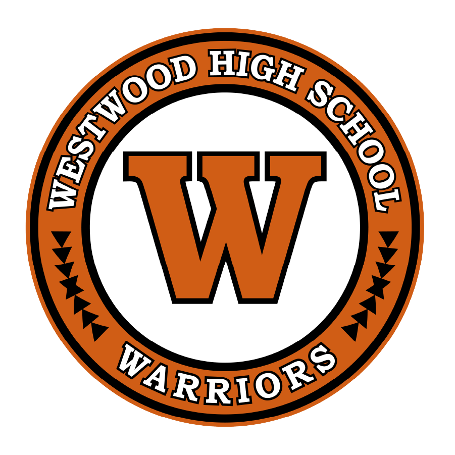 A circular logo featuring the letter 'W' in the center, surrounded by the text 'WESTWOOD HIGH SCHOOL' at the top and 'WARRIORS' at the bottom, all in an orange and black color scheme.