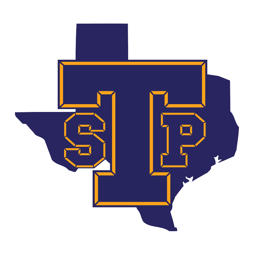 A graphic design featuring the letters 'STP' in bold, yellow outline on a dark blue background, overlaid on a silhouette of the state of Texas.
