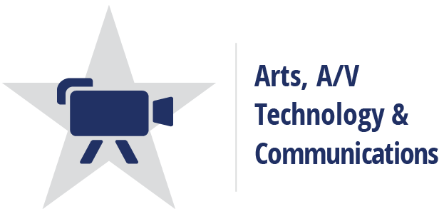 A blue star with a video camera icon in the center, accompanied by the text 'Arts, A/V Technology & Communications' on the right.