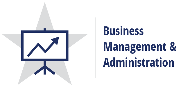 A graphic featuring a star with a chart icon showing an upward trend, accompanied by the text 'Business Management & Administration' on the right.