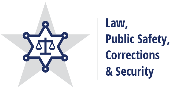 A blue and silver star emblem featuring a scale symbolizing justice, accompanied by the text 'Law, Public Safety, Corrections & Security' on the right.