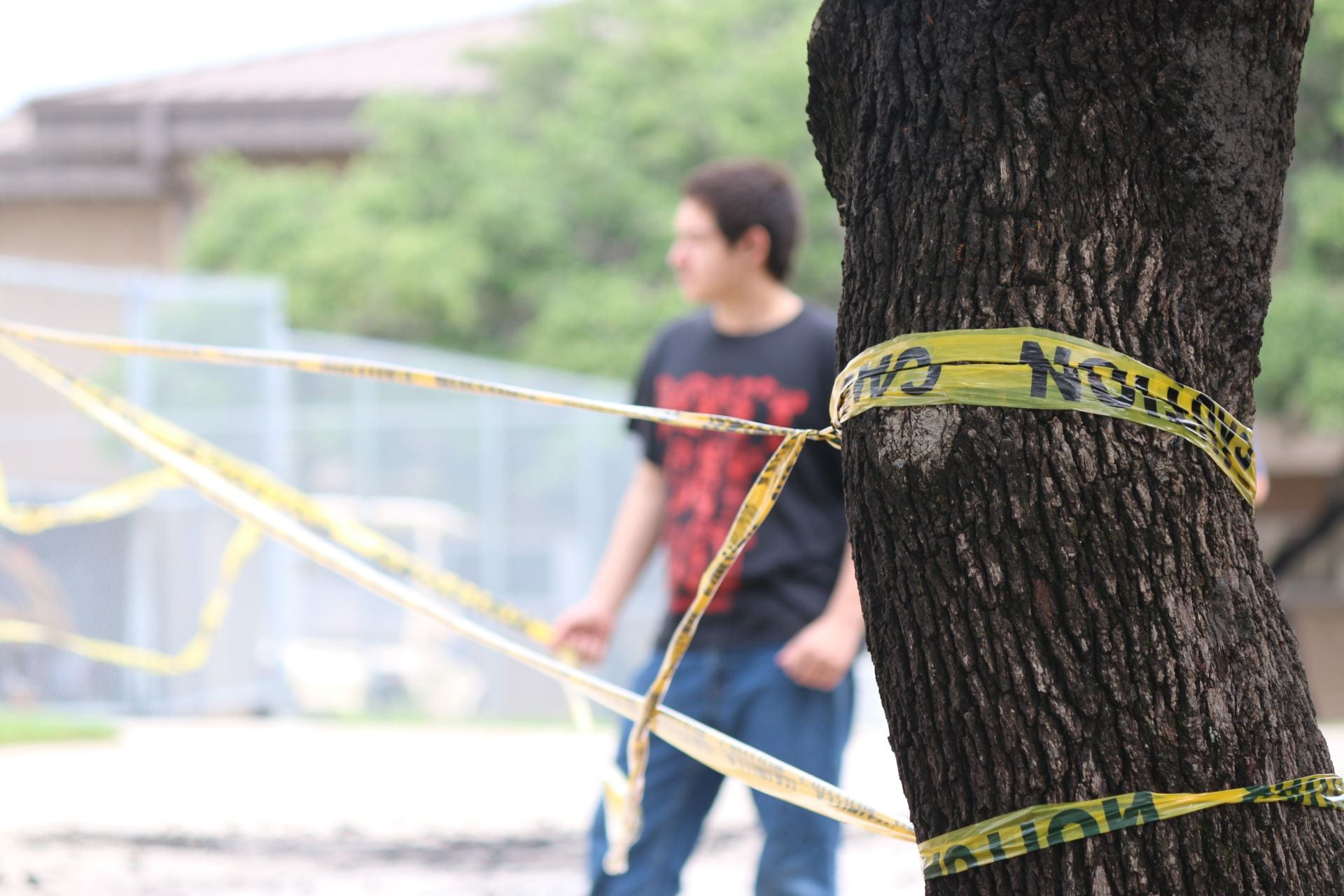 A young person stands in the background near a tree wrapped with caution tape, indicating a restricted area.