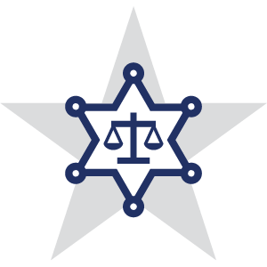A blue and white emblem featuring a balance scale at the center, enclosed within a star shape with a gray background.