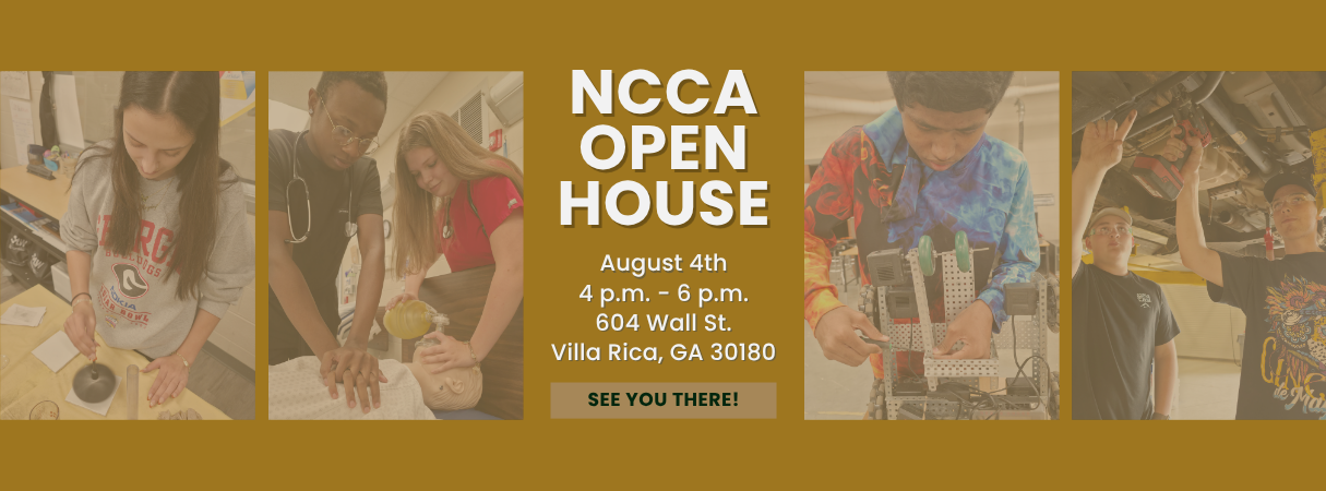 A poster shows three scenes of students working on projects. The text reads "NCCA Open House" and provides date and location details.