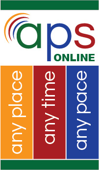 A colorful logo featuring the text 'aps ONLINE' with the phrases 'any place', 'any time', and 'any pace' in orange, red, and blue vertical stripes.