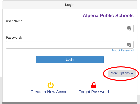 A login interface for Alpena Public Schools, featuring fields for username and password, a login button, and options for creating a new account or recovering a password.