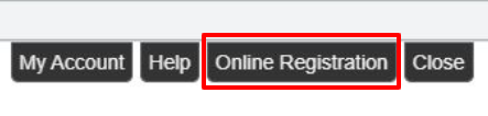 A website navigation bar displaying options including 'My Account', 'Help', 'Online Registration' highlighted in red, and 'Close'.