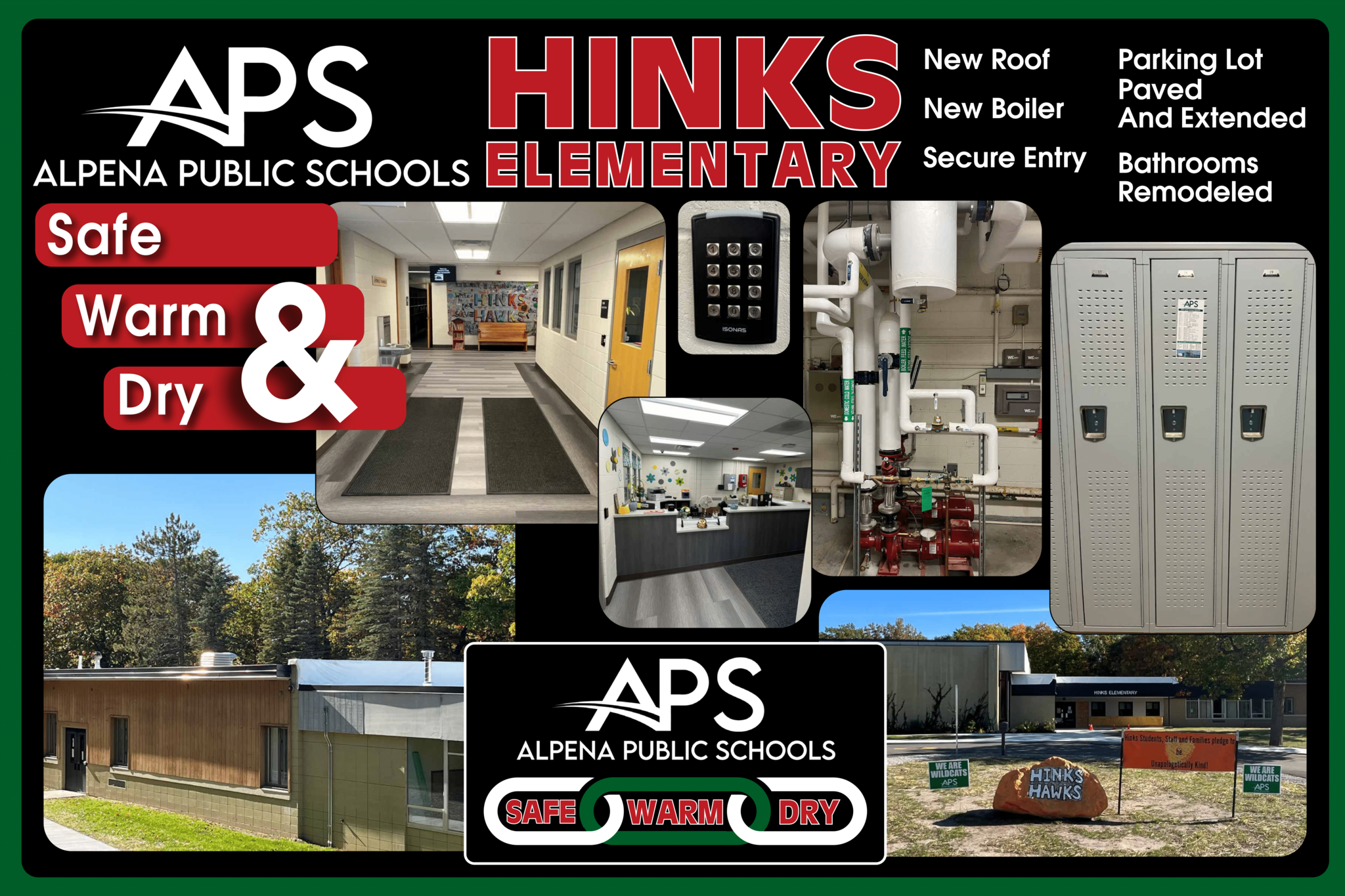 A promotional image for Hinks Elementary School, featuring the APS logo, images of the school building, interior renovations, and text highlighting improvements such as a new roof, boiler, and secure entry, with the phrases 'Safe, Warm & Dry.'