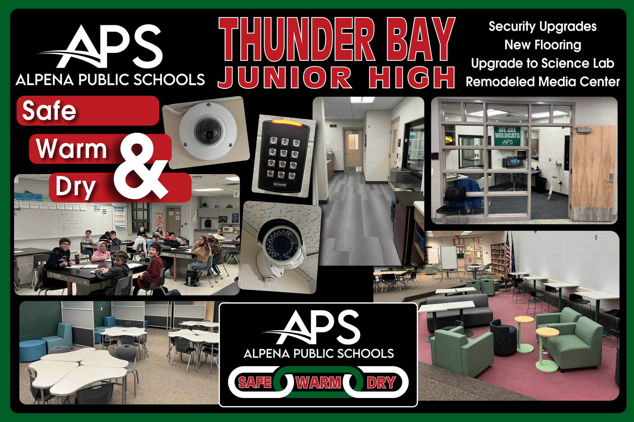 A promotional collage for Thunder Bay Junior High, featuring images of classrooms, a science lab, and a media center, with text highlighting security upgrades and renovations, emphasizing a safe, warm, and dry environment.