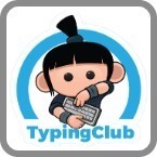 A cartoon character with a ponytail is sitting and typing on a keyboard, surrounded by a blue circular design, with the text 'TypingClub' below.