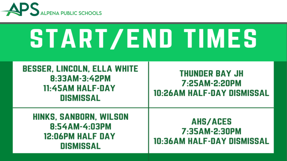 A schedule displaying the start and end times for various schools in the Alpha Public Schools district, including specific dismissal times for half-days.