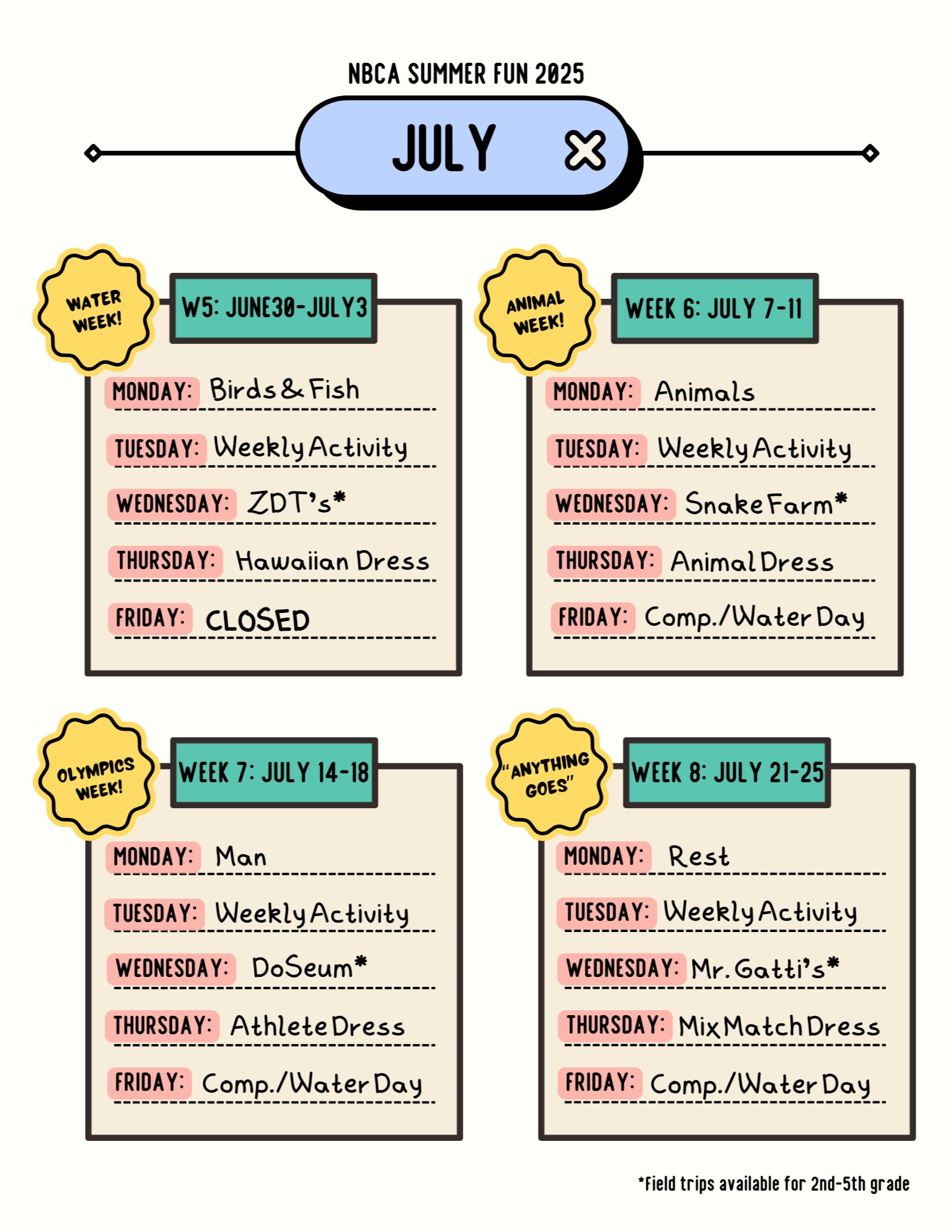 July Schedule