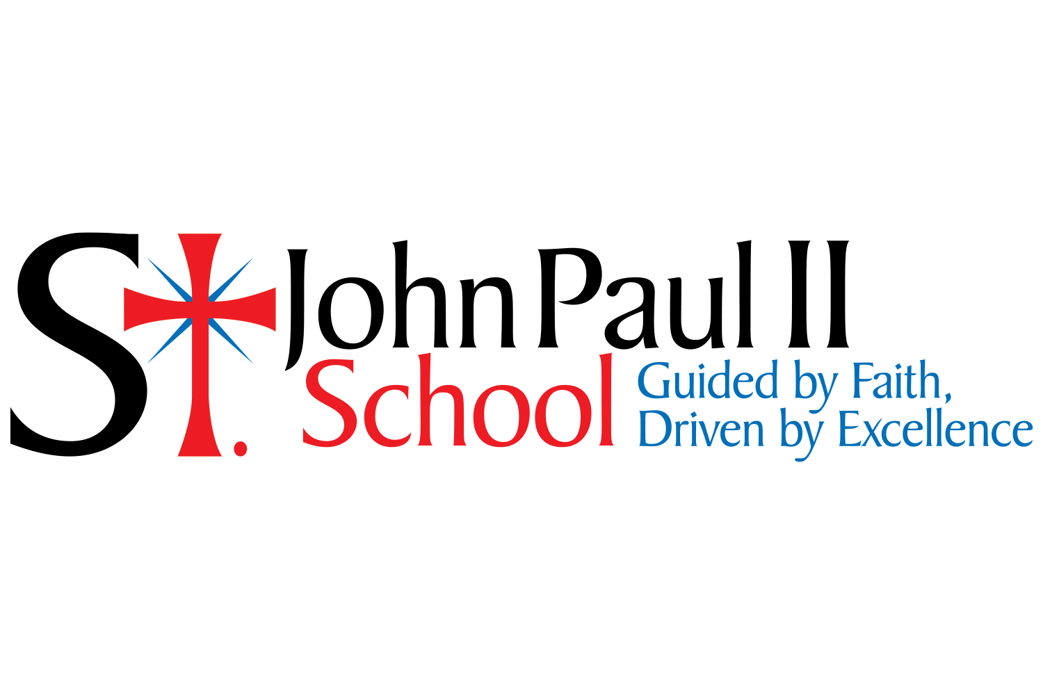 Logo of St. John Paul II featuring a stylized cross and the papal insignia, symbolizing faith and leadership.