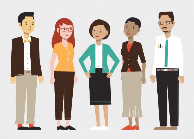 A diverse group of individuals standing together against a plain white background, showcasing unity and collaboration.