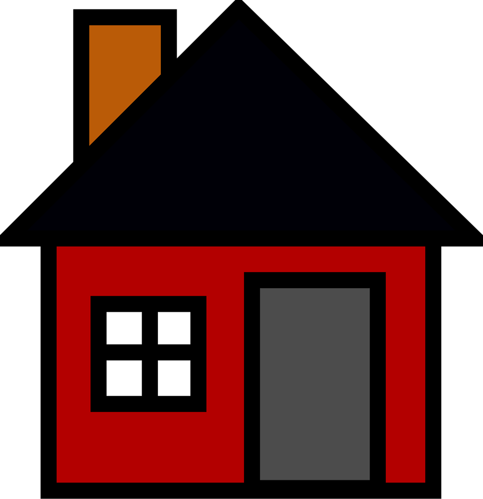 A red house featuring a black roof and a single window, set against a clear sky.