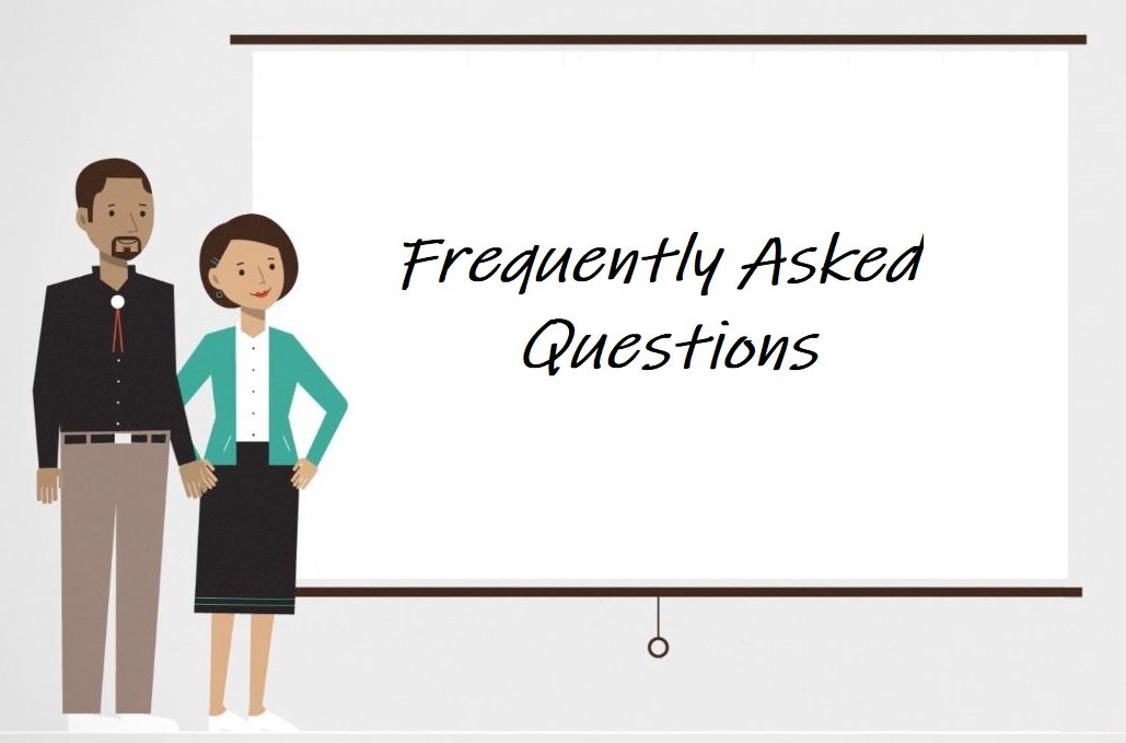 Two individuals beside a whiteboard displaying the phrase "Frequently Asked Questions" in a professional setting.