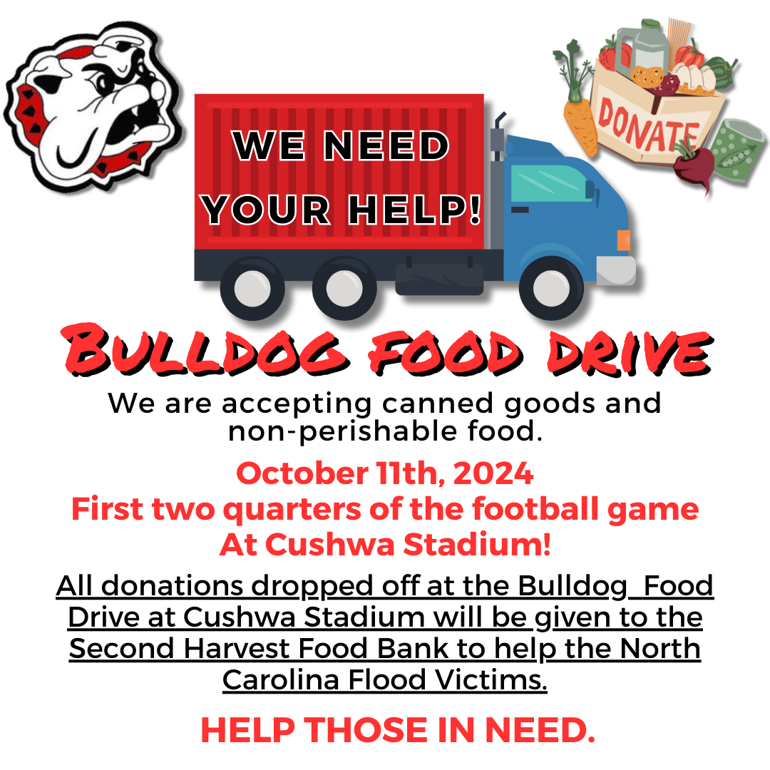  A bulldog sitting beside a collection box for a food drive, encouraging donations for pets in need.