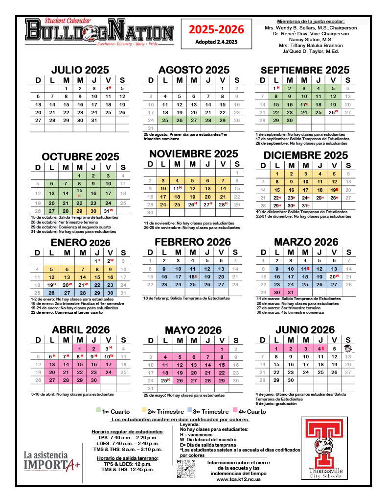 2025-2026 Student Calendar Spanish