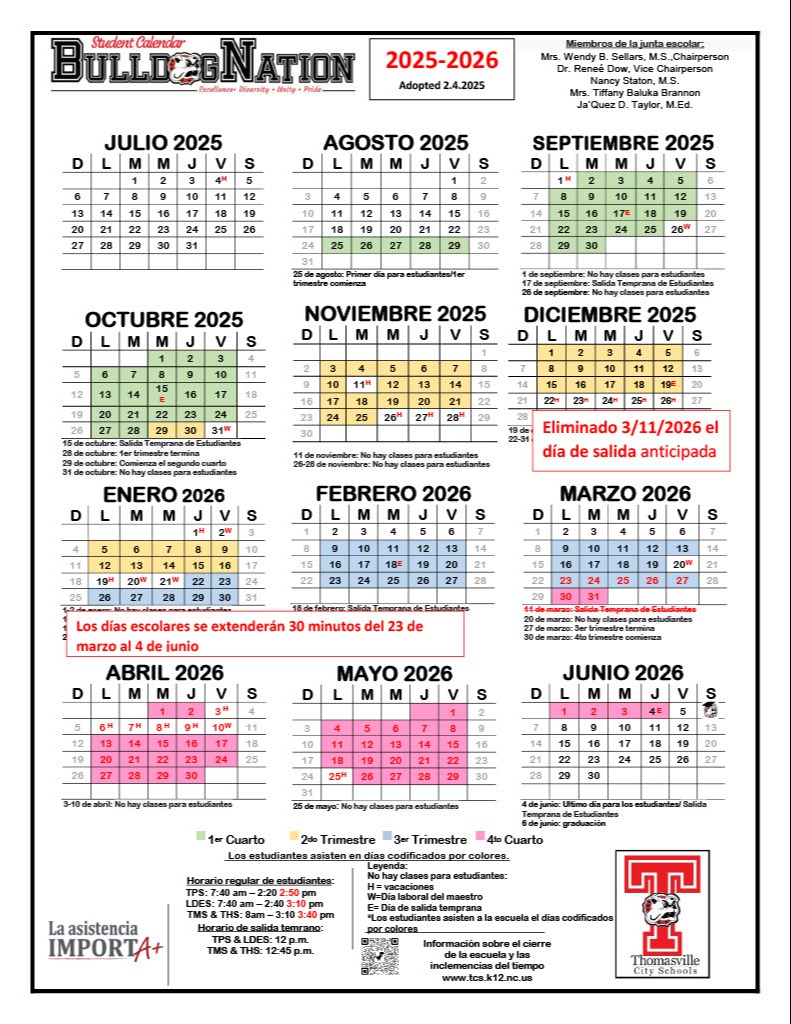 2025-2026 Student Calendar Spanish Revised 3.3.2026
