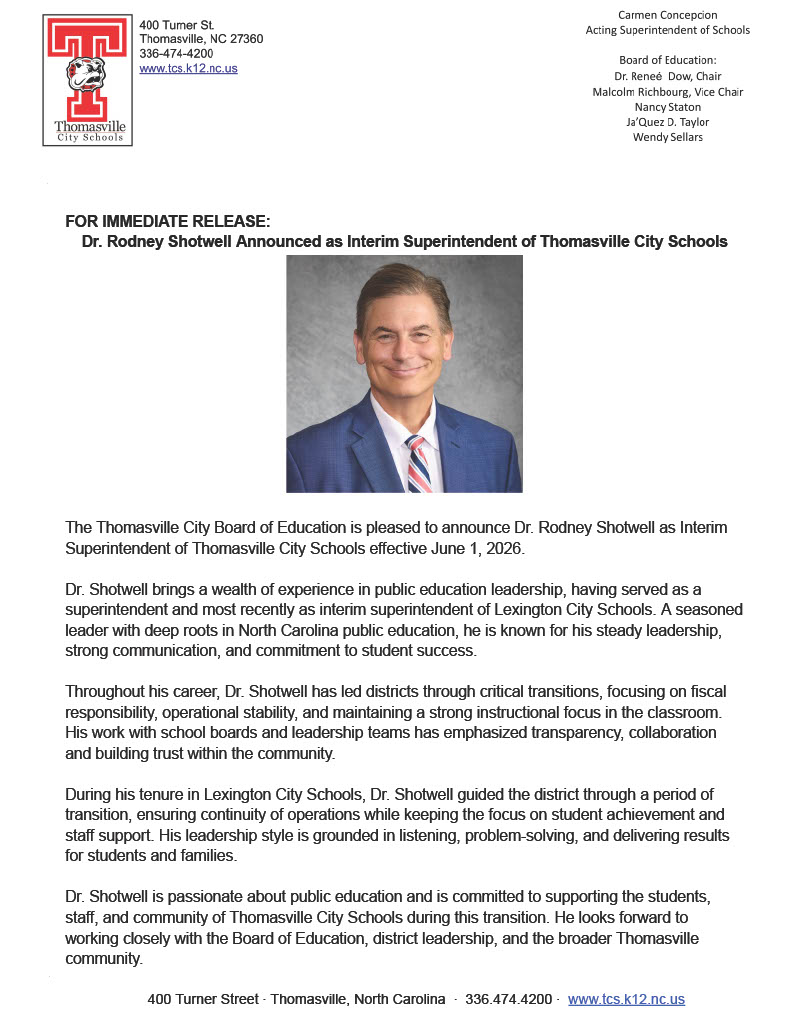 Press Release Dr. Shotwell Interim Superintendent
