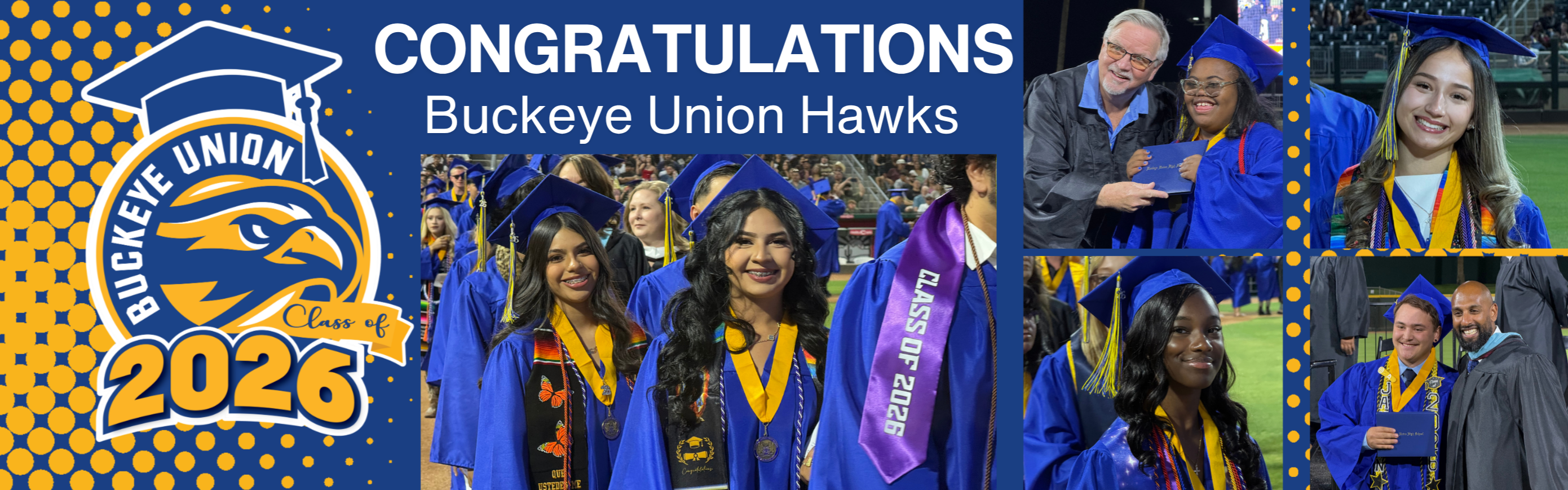 A collage of photos of people in blue graduation gowns and caps. "Congratulations Buckeye Union Hawks" is written above.