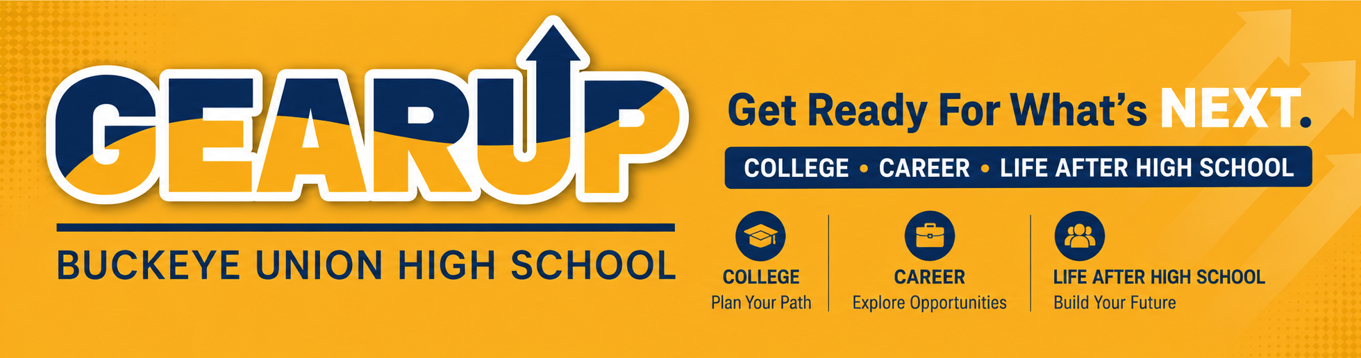 Yellow banner with a logo reading "GEAR UP" and text "Get Ready For What's Next".