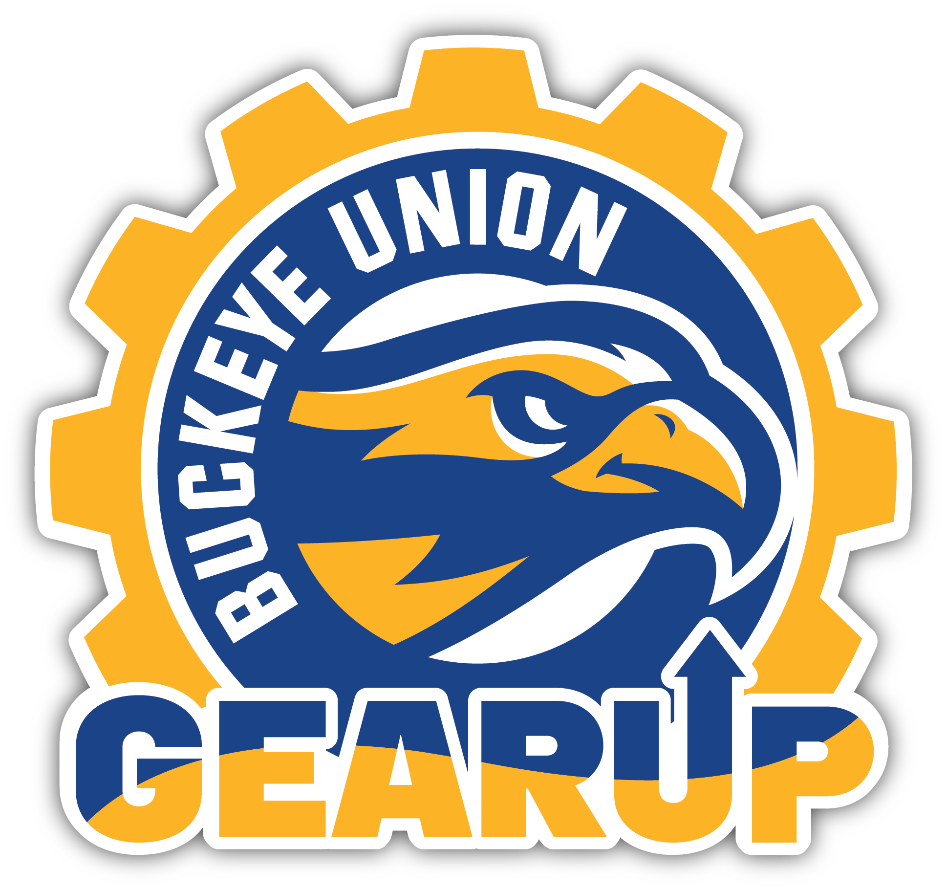 A logo with a gear design. The gear has a blue and yellow eagle's head in the middle.