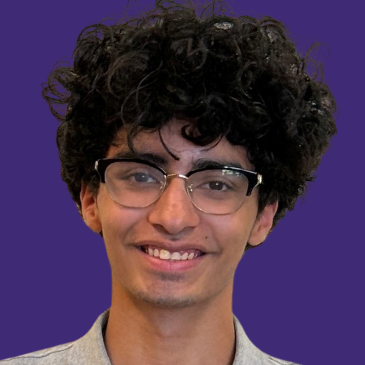 Person with glasses and curly hair holding a certificate with a blue logo against a purple background.