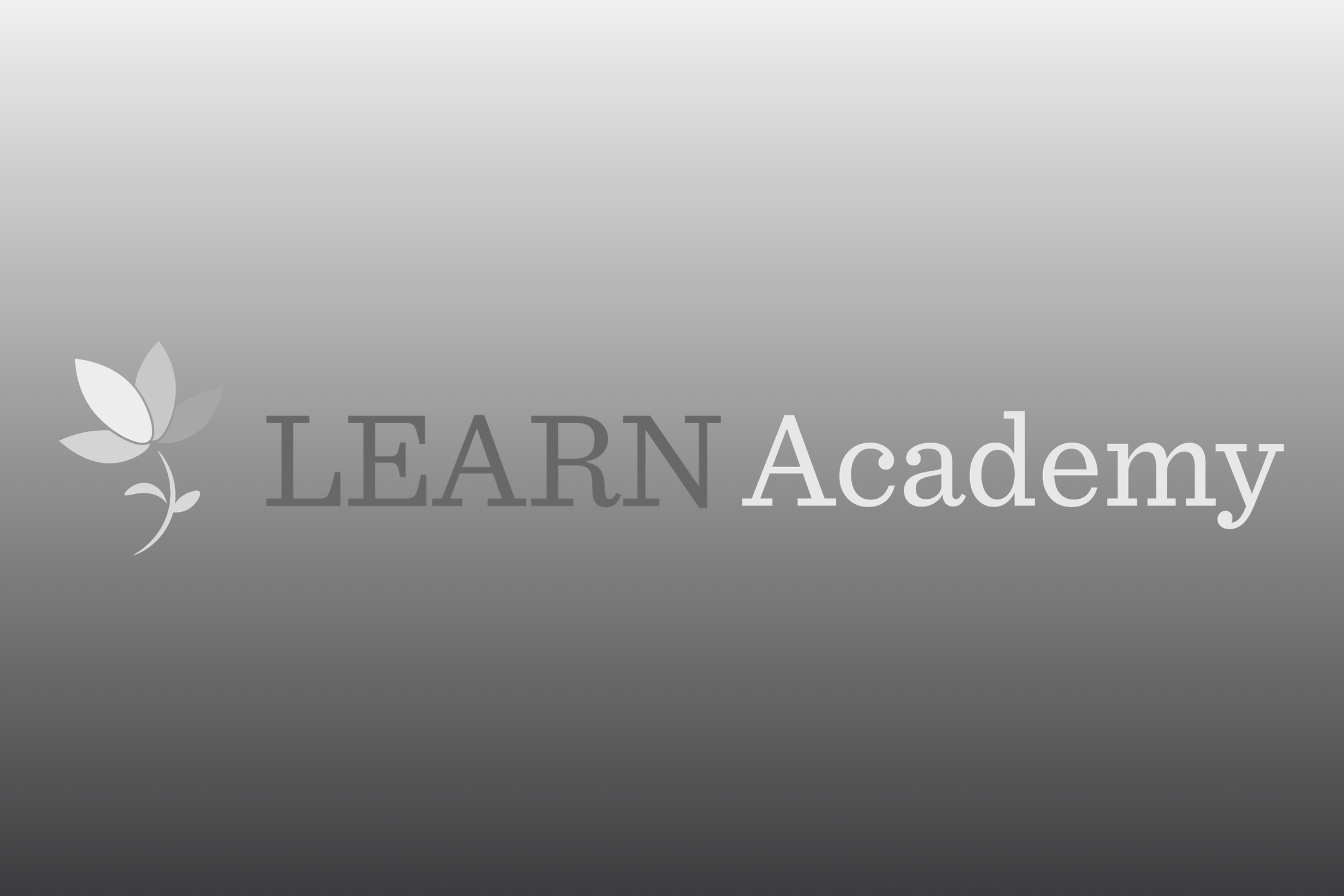 A gray background displays the white, stylized text "LEARN Academy" with a small white flower icon to the left.